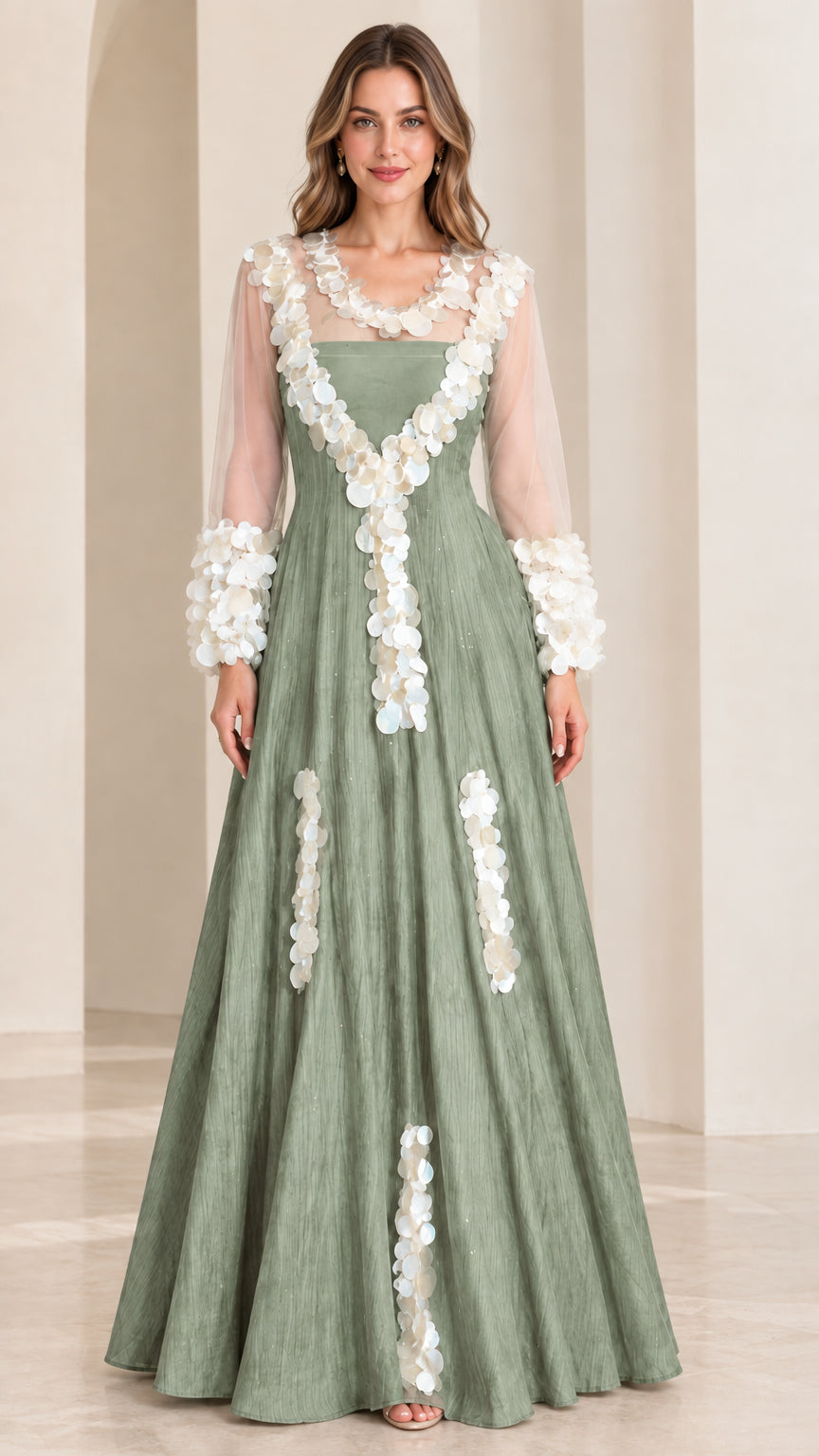 Front full-length view of sage green maxi evening dress with sheer illusion neckline and 3D petal details