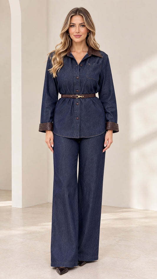 Full front view of model wearing Dark Blue belted button-up shirt and wide-leg trousers set