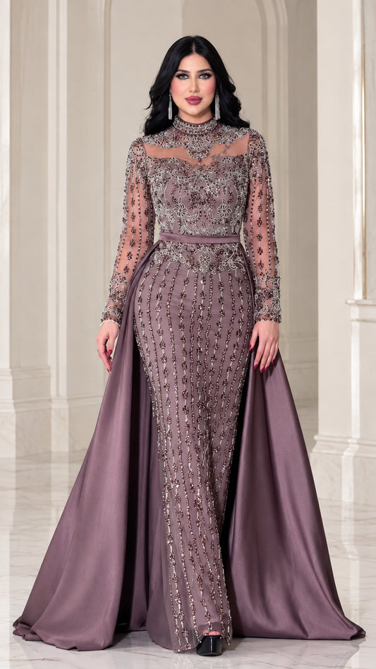 Dusty mauve beaded high neck evening gown with satin overskirt front view
