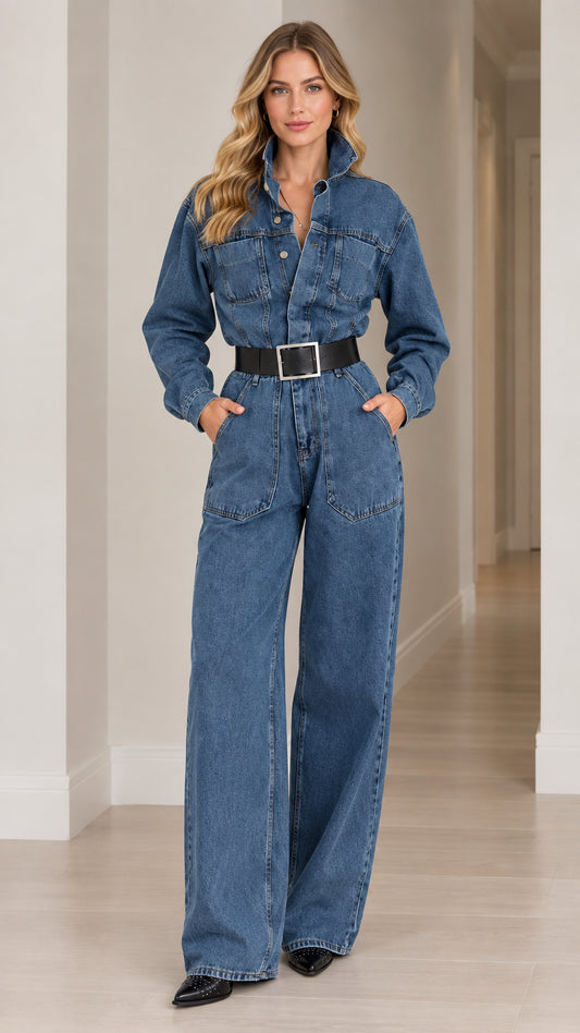 Front full-length view of woman wearing medium blue long sleeve wide leg denim jumpsuit with black belt