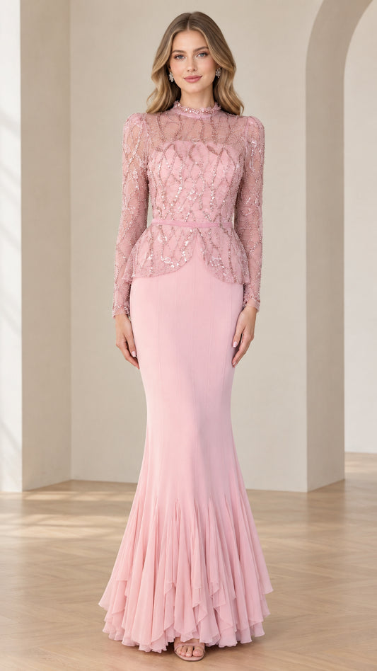 Front full-length view of woman wearing blush pink high neck beaded peplum mermaid evening gown