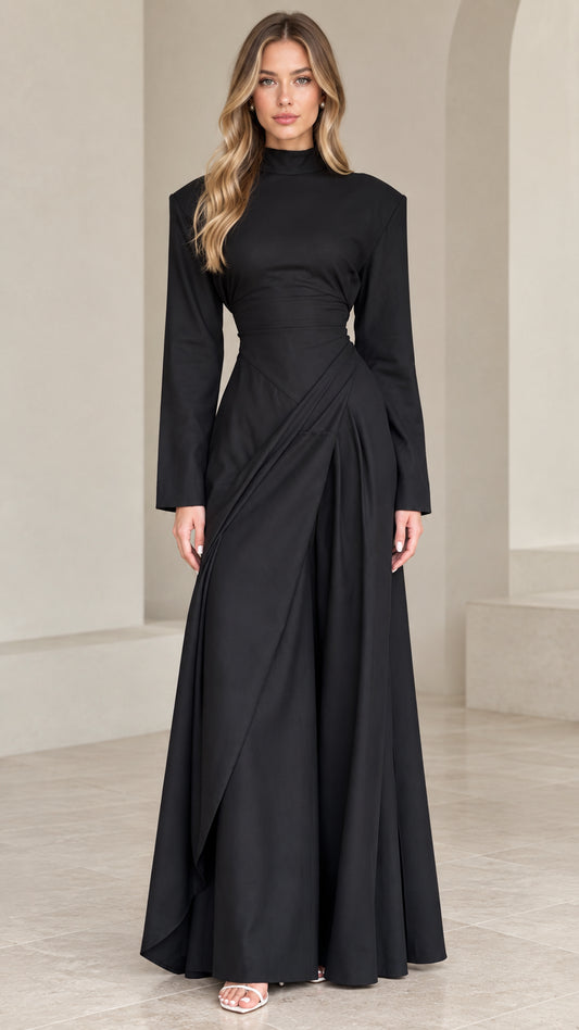 Front view of black mock neck long sleeve draped maxi dress