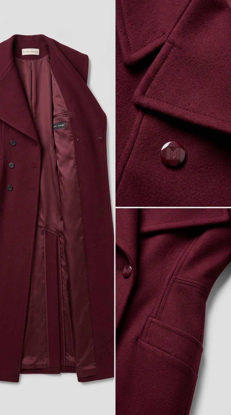 Detailed close-up of the coat lining, collar construction, buttons, and pocket