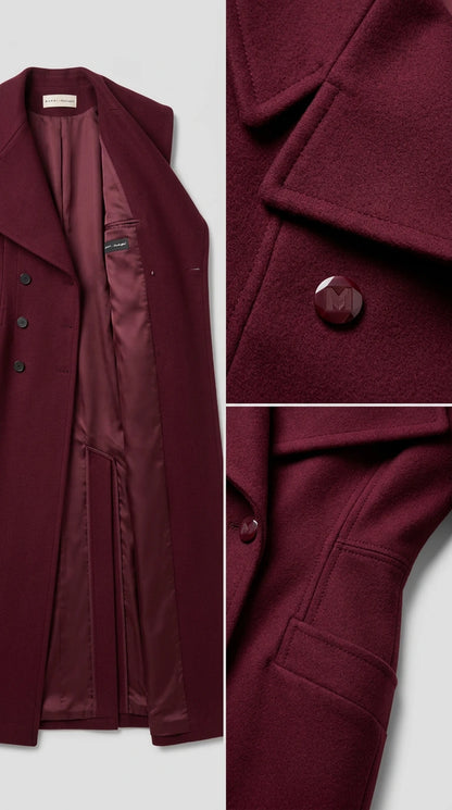 Detailed close-up of the coat lining, collar construction, buttons, and pocket