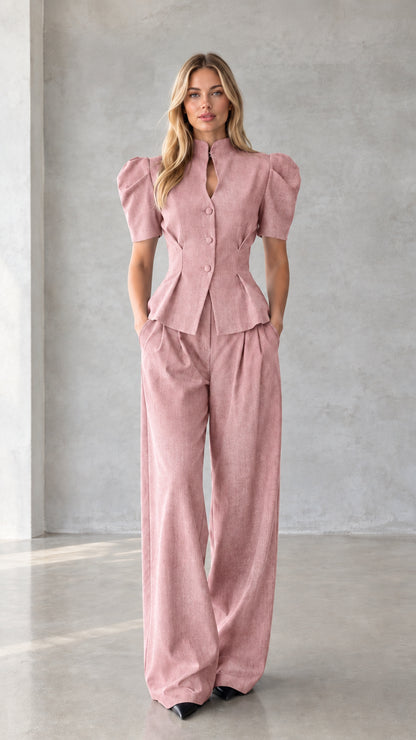 Dusty pink puff sleeve peplum top with matching pleated wide leg pants