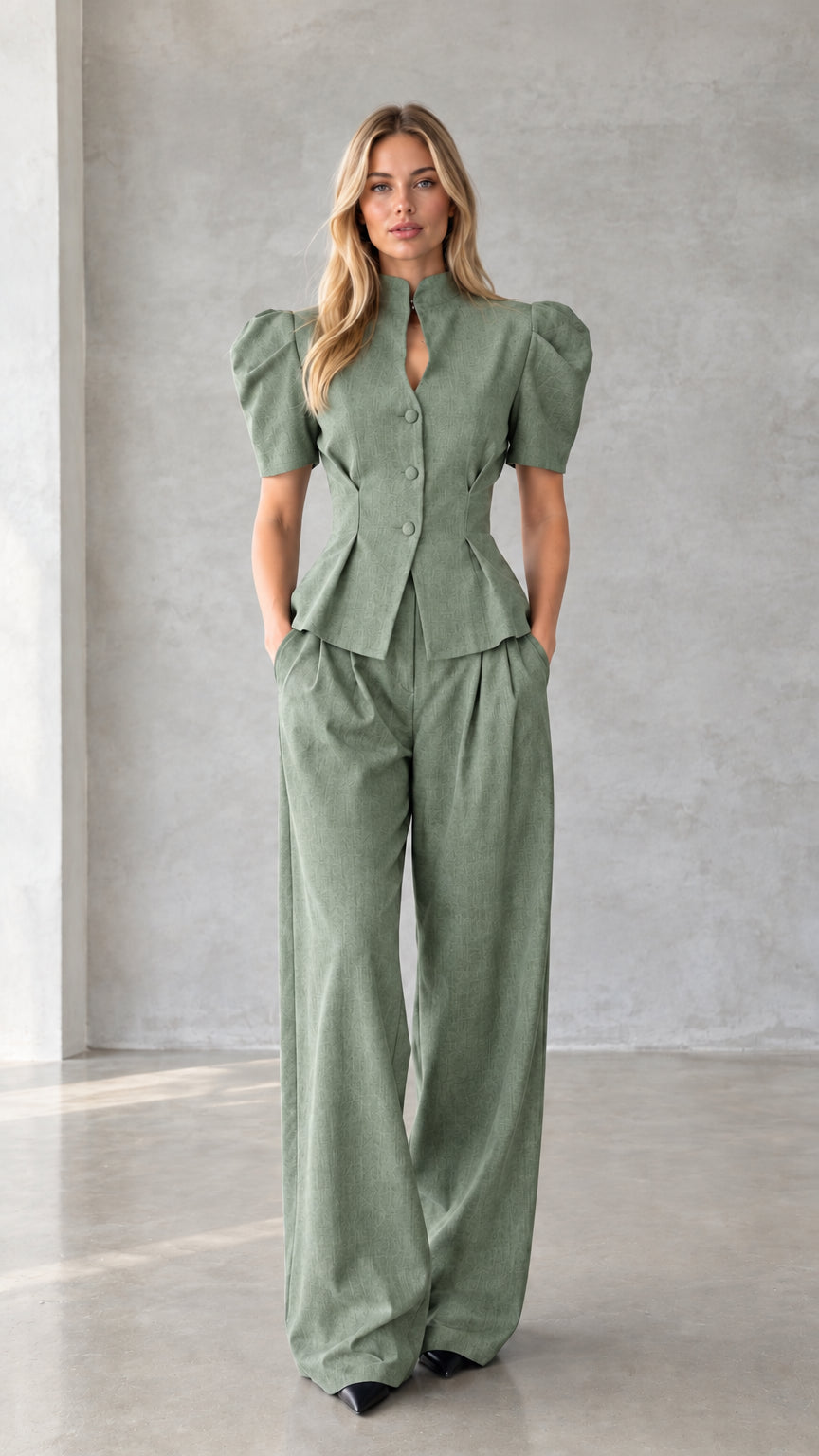 Sage green two-piece puff sleeve peplum top and wide leg pant suit
