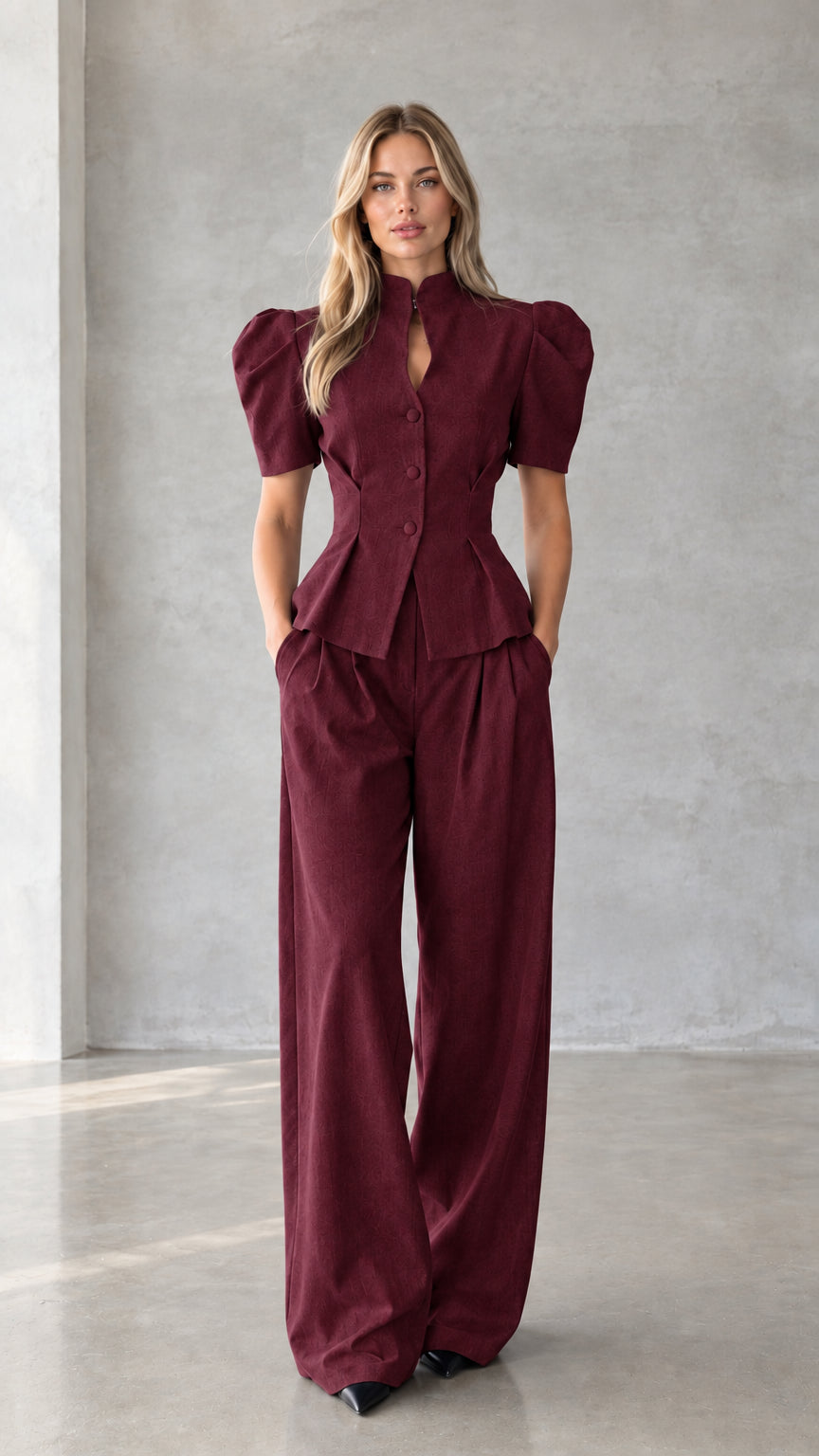 Burgundy red tailored peplum top and pleated wide leg trousers set